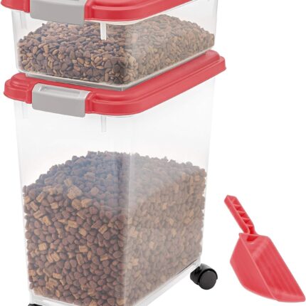 3-Piece 41 Lbs / 45 Qt  Airtight Pet Food Storage Container Combo with Scoop and Treat Box for Dog Cat and Bird Food, Translucent Body, Easy Mobility, Red